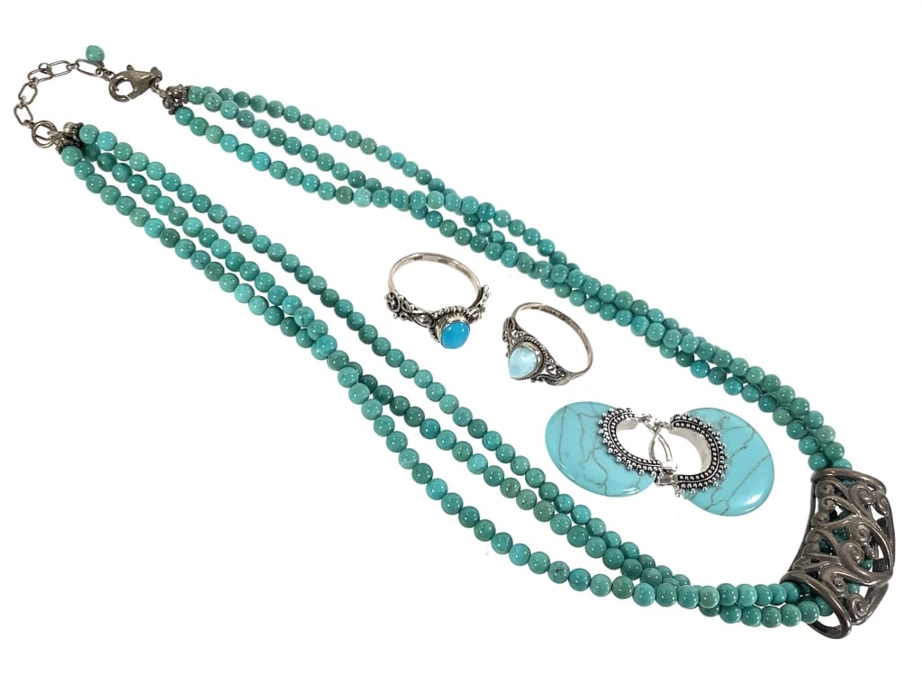 Sterling Turquoise Rings Necklace Earrings: 15.0 grams without necklace. Rings are size 9. Necklace is 16" L. EDS aims to describe and photograph all items thoroughly and accurately, however other conditions present may not have been observed o
