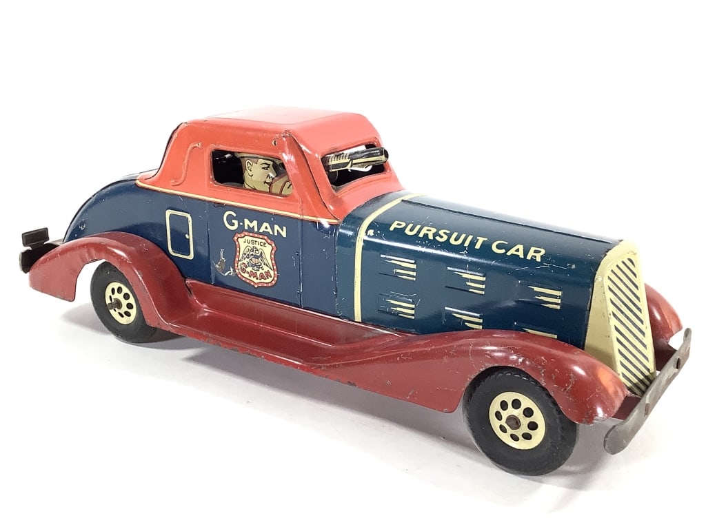 Vtg 1930s Louis Marx G-Man Pursuit Car: 14 1/2"L. Lithographed light steel. Rolls and has gunshot sound effect. No key included. Some surface scratches, paint loss. Provenance: Collection of William and Diane Itter.