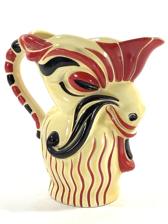 Czech Erphila Ditmar Urbach Goat Pitcher: Marked on bottom, incised 1038 Czechoslovakia with over glaze stamp Erphila mark and red painted mark. 8 3/4"H. 1/4" long line in glaze below spout. Provenance: Collection of William and Diane Itter.