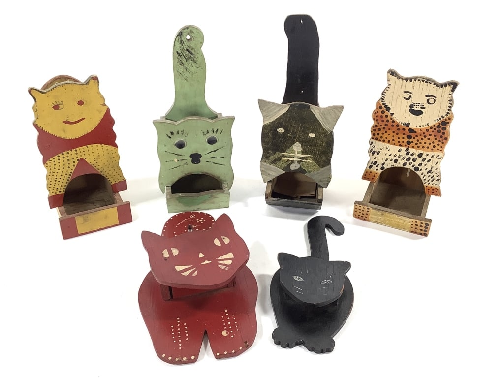 6 Folk Art Cat Matchbox Wall Mount Holders: 1 of many lots. The walls of the Itter kitchen were covered with hand crafted and painted wood matchbox holders collected over a lifetime. NOTE: due to location these are all as found, nicks, paint