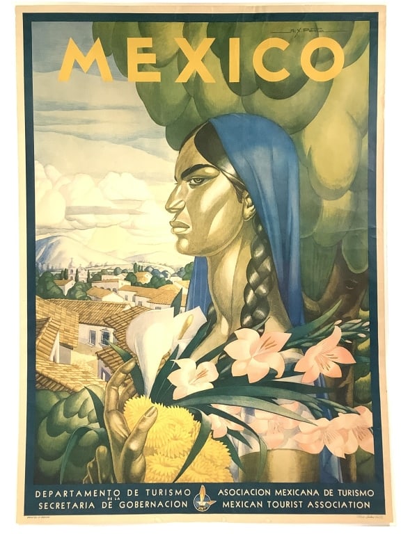 1945 Mexico Travel Poster AX Pena Offset Litho: Mexico travel poster designed by Alfonso X. Pena for the Mexican Tourist Association 1945. 36 1/2" x 26 1/4" (Sheet). Unframed. Bright colors, minor spots and creases. Provenance: Collection of