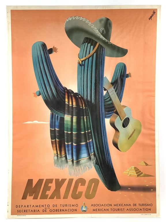 1945 Mexico Travel Poster Jose Espert: Mexico travel poster designed by Jose Espert for the Mexican Tourist Association 1945. 36 1/2" x 26 1/4" (Sheet). Printed in Mexico. Good overall with some creases, toning. Provenance: Collection of