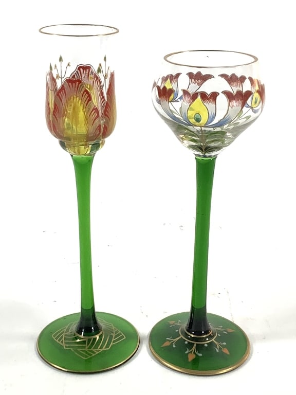 Theresienthal German Art Nouveau Cordials: c1900-1910. Jugendstil period blown glass cordials with tulip and bowl shape. Hand painted floral and geometric decorations. 6" and 5 1/2"H. Unmarked. Provenance: Collection of William and Diane