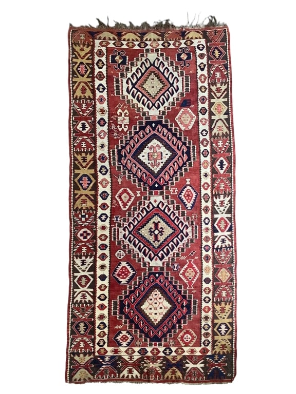 118" x 58" Tribal Rug: Losses at fringe. Fair condition. Provenance: Collection of William and Diane Itter.