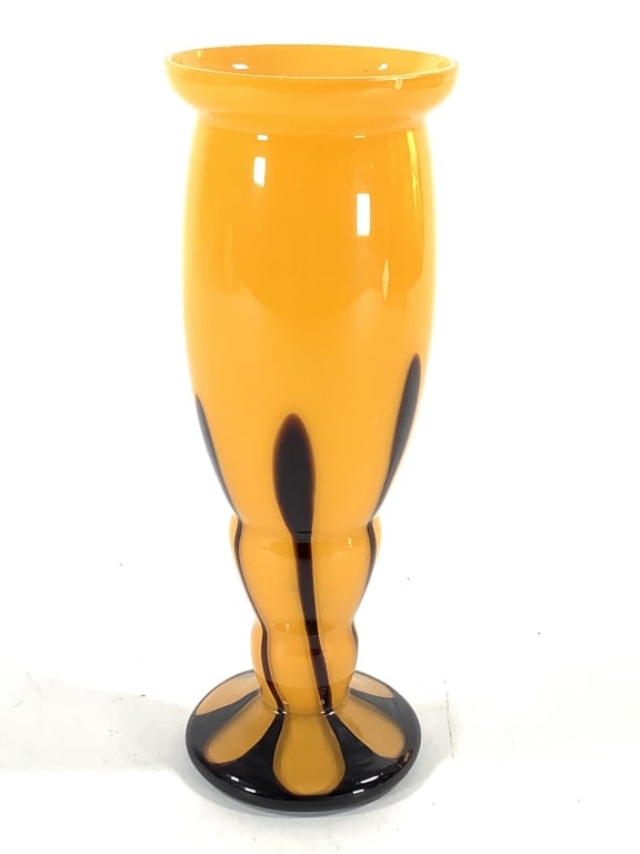 Tango Glass Vase Michael Powolny Loetz c1920s: 8"H bright orange/yellow cased blown glass vase with black elements at base. Stamp mark 'Made in Czechoslovakia' on base. Very good condition, small area of roughness on interior edge. Provenance: