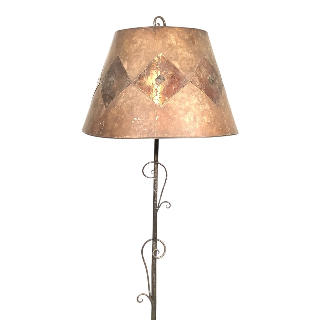 1920-30s Cast Iron Floor Lamp w Shade: 65"H hand wrought iron base with 18 /2"Dia. mica lampshade with iron button details. Provenance: Collection of William and Diane Itter.