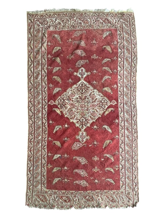 80" x 50" Fragile Woven Rug w Central Medallion: Some surface and edge loss. Provenance: Collection of William and Diane Itter.