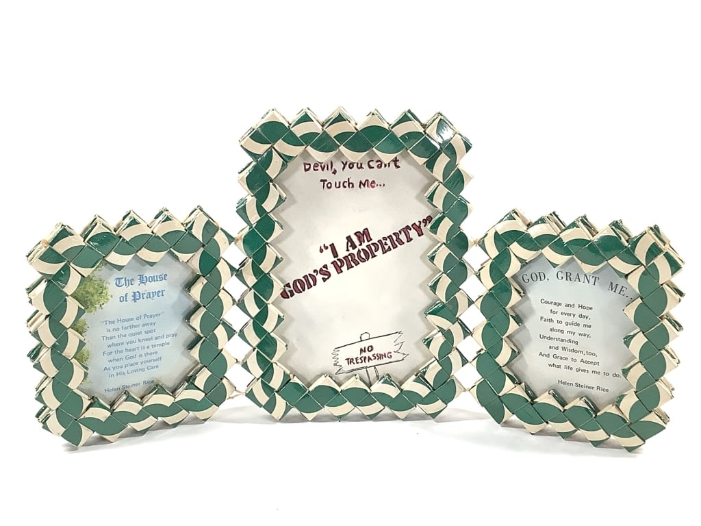 Prison Art Folded Cigarette / Gum Wrapper Frame: 6 5/8"H x 13 5/8"W open. 3 frames with religious quotes. Provenance: Collection of William and Diane Itter.