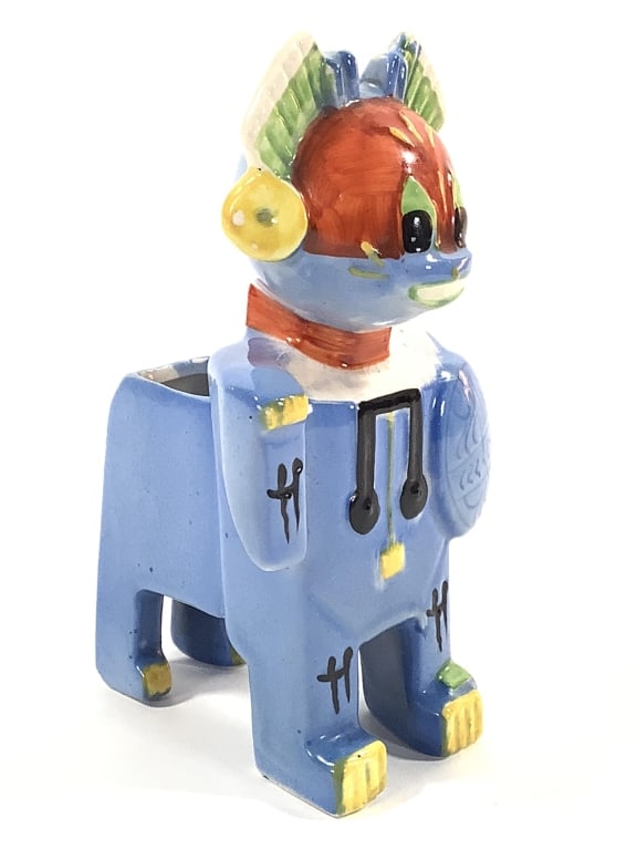 Louis Wain #638312 Futurist Ceramic 1914-15: Wain, Louis William (England 1860-1939). 5 1/2"H. "Lucky Knight Errant Cat" spill vase. Polychrome ceramic produced by Max Emanuel & Co. Wain, pioneering British artist, was best known as an illustrat