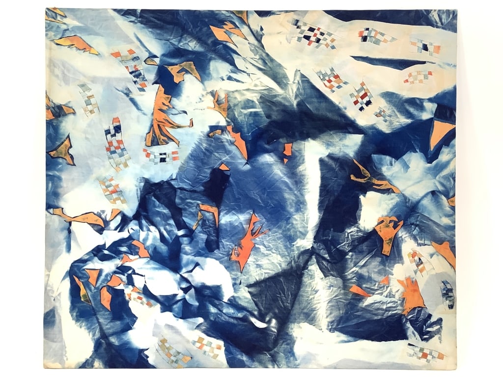 Fiber Art Paula Figdor California c1980s: 20 1/8" x 23", fabric, dyed, cut and woven, mounted to cardstock. Artist label verso. Provenance: Collection of William and Diane Itter.