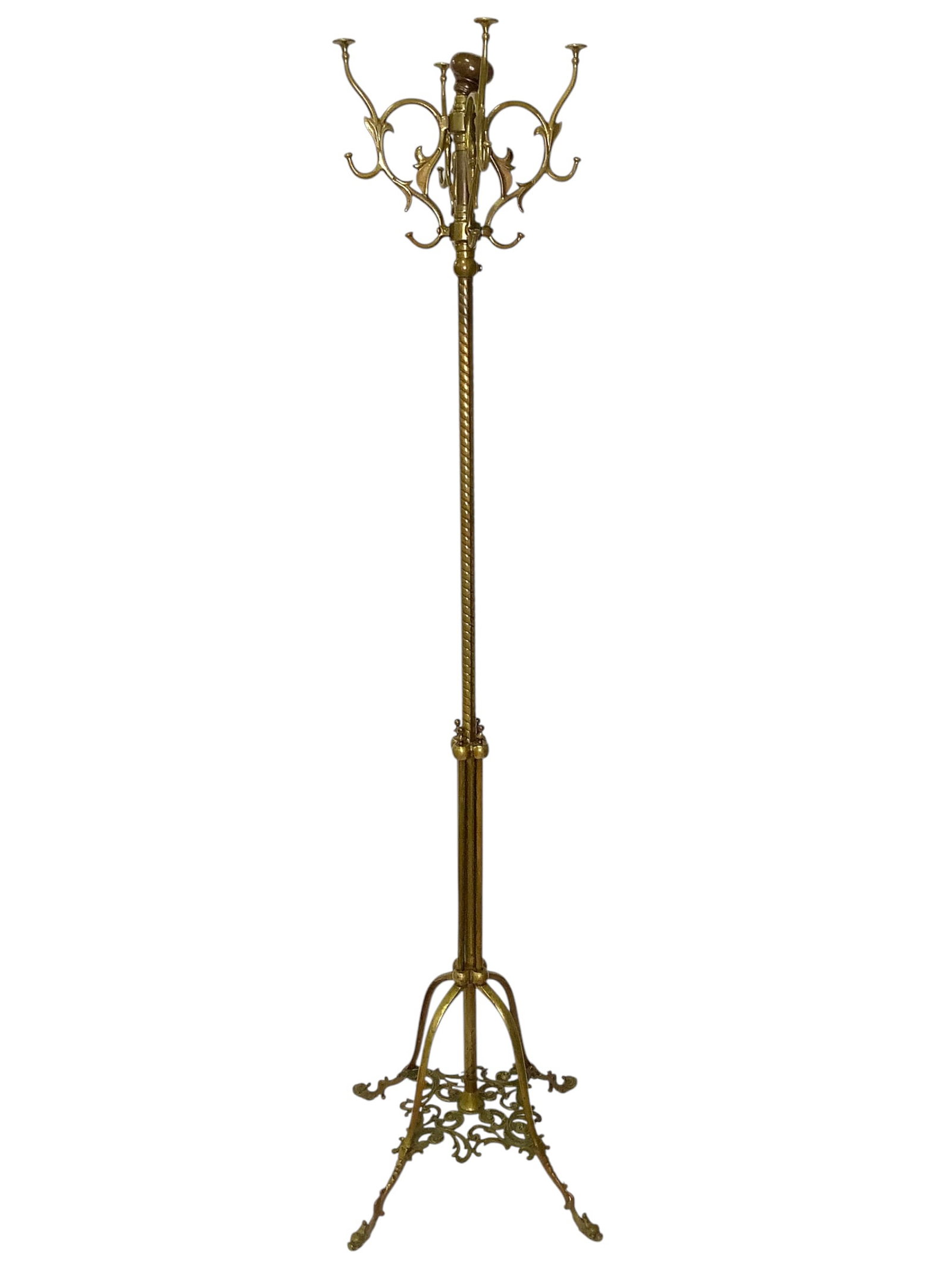 Antique Brass Coat & Hat Rack: 65"H overall. 4 multi-hook brackets. Lacks original top finial - replacement is a brass door knob. Provenance: Collection of William and Diane Itter.