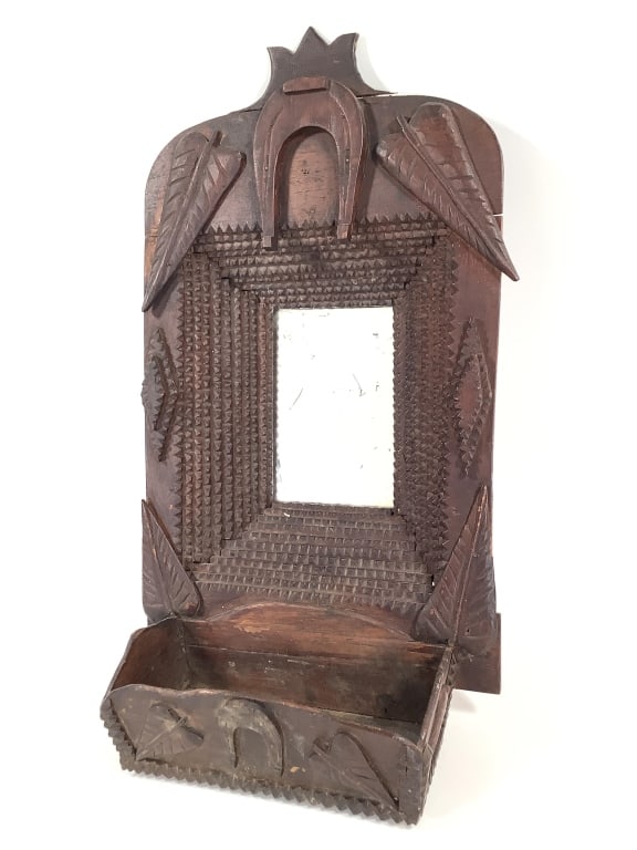 Tramp Art Wall Hung Comb Box w Mirror: 9 1/2"W, 18 1/2"H. Leaf motif, dark stain with shellac. Provenance: Collection of William and Diane Itter.