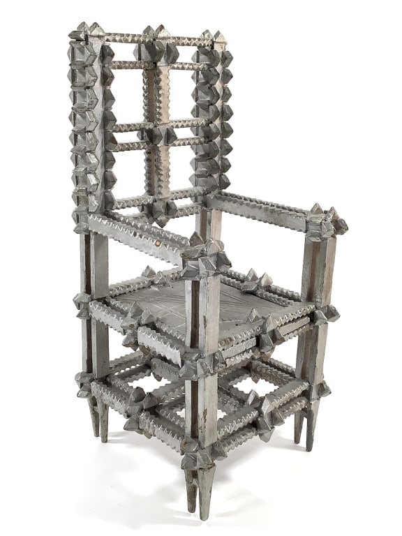 Tramp Art Crown of Thorns Tabletop Chair: 14"H x 6 1/2"W x 7"D. Doll size chair, radiator paint. Some losses and repairs. Provenance: Collection of William and Diane Itter.