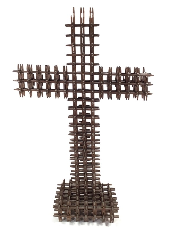 Crown of Thorns Cross Tramp Art: 20 1/2"H, 14"W at arms, 5 3/4"D at base. Interlocking wood, some losses and missing pieces. Provenance: Collection of William and Diane Itter.