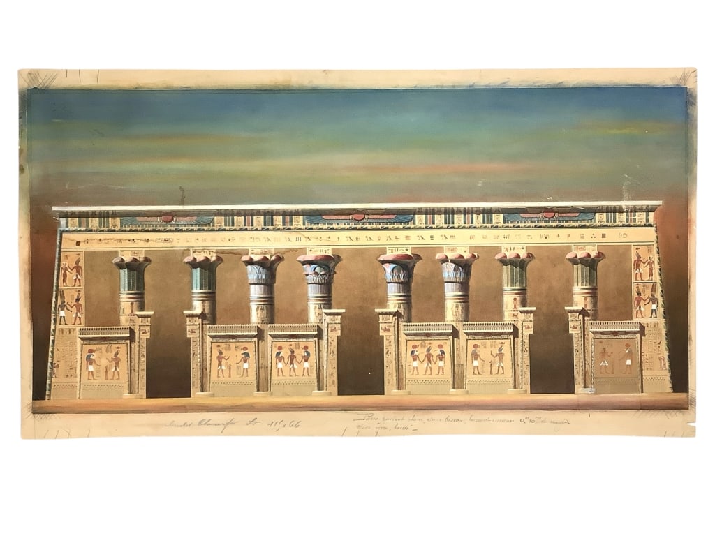 19C Egyptian Temple Elevation Watercolor & Pastel: Unidentified artist, view of an Egyptian Temple Portico, circa 19th century. 18 1/2" x 37" (Drawing). Glued to backing sheet with overdrawing at edges, and framing instructions in French "Passe-partou