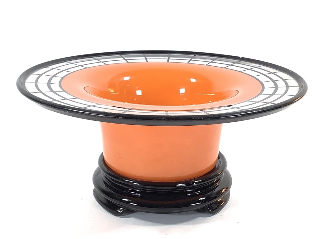 Art Deco Czech Glass Bowl w Glass Base: 10 5/8"Dia orange, back painted bowl with black painted rim. Matching black glass footed base. Provenance: Collection of William and Diane Itter.