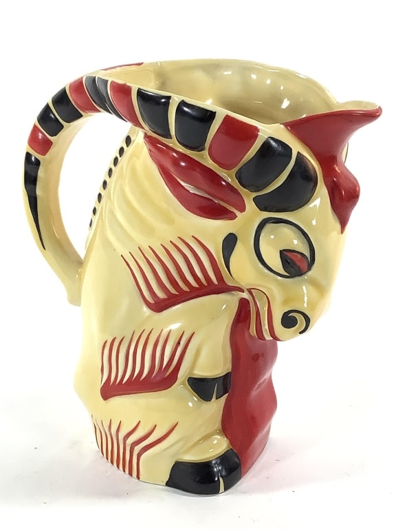 Erphila Czech Ceramic Goat Pitcher #1048: 8 3/4"H. Good overall condition, bright color. Stamp mark and mold model number mark. Provenance: Collection of William and Diane Itter.