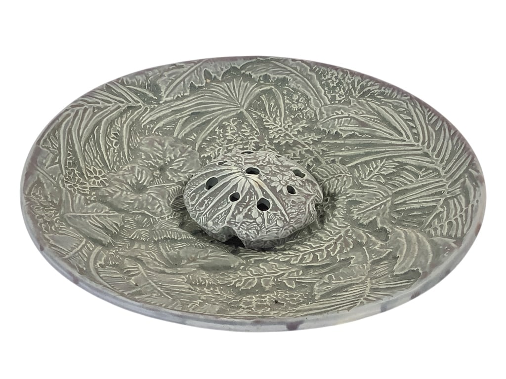 Weller Pottery Marvo Palm Tree Bowl & Flower Frog: 15 3/4"Dia bowl with matching 5"Dia flower frog. Matte green finish, unmarked. Very good condition. Provenance: Collection of William and Diane Itter.