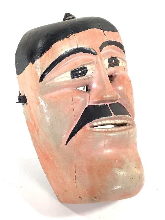 Lucifer El Torito Dance Mask Mexico: 8 1/2"W x 12 1/2"L carved and polychrome wood in overall good condition, some surface cracks and areas of repainting. Leather straps. Tag verso "Lucifer El Torito Dance La Huasita Guanajuato". Provena