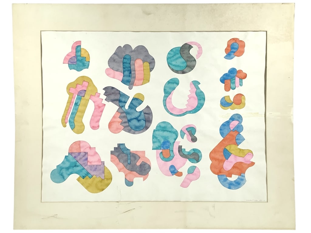 Wm Itter Discordant Shapes Watercolor 1969: Itter, William (American 1942-2025). "Discordant Shapes" Watercolor on paper. 24 1/2" x 31 1/2" Sheet. Signed and title in pencil twice lower right. Stain center right side. Provenance: Collection of 