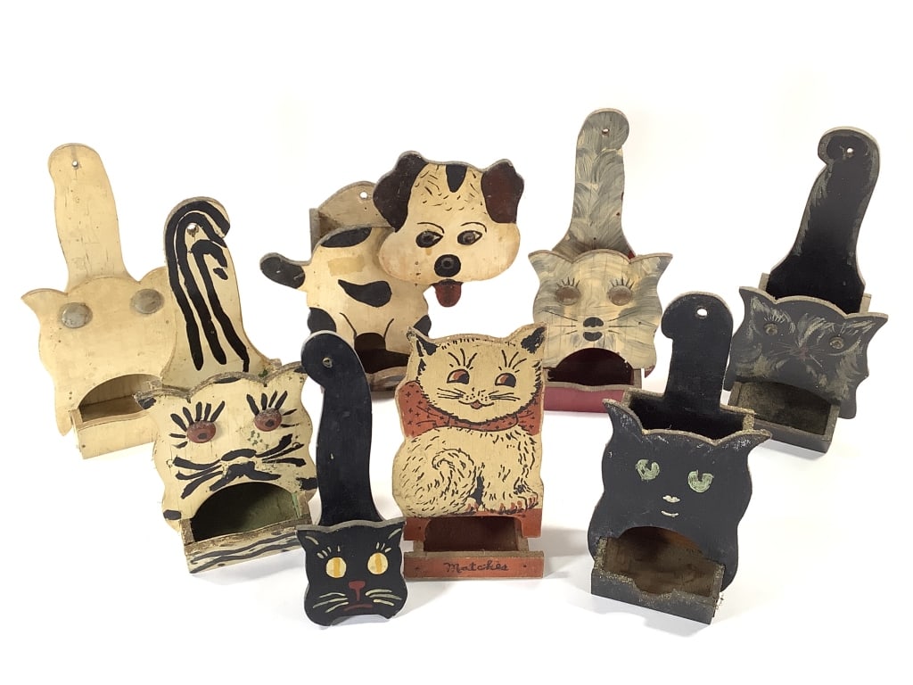 7 Cat & 1 Dog Folk Art Matchbox Holders (1 of 13)