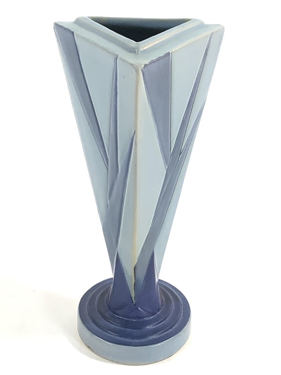 Roseville Big Blue Triangle Futura Vase: Art Deco design c.1928 by Frank Ferrell. 9 1/4"H, unglazed bottom rim with glaze on indented bottom. Unmarked. Provenance: Collection of William and Diane Itter.