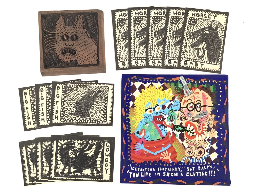 Mark Bulwinkle Tile Painting Cards: Bulwinkle, Mark (American b. 1946). 8 7/8" x 8 3/4" Gouache on paper. Tape remnants verso, unsigned. 5" x 5" unglazed ceramic wall tile, in Bulwinkle Land box. Hole verso and impress mark. 11 postcard