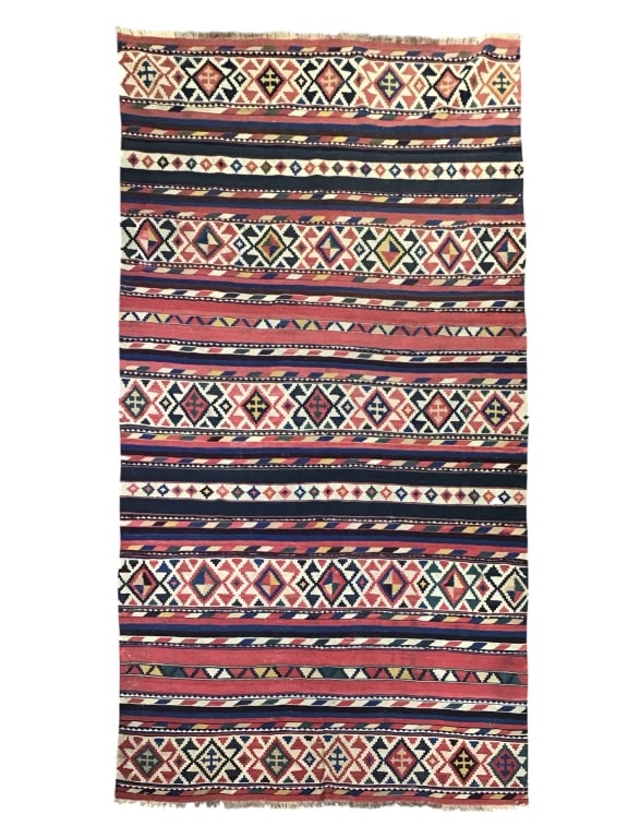 116" x 66" Fragile Woven Wool Turkish Kilim Rug: Fair condition overall, tag stapled to back. Provenance: Collection of William and Diane Itter.
