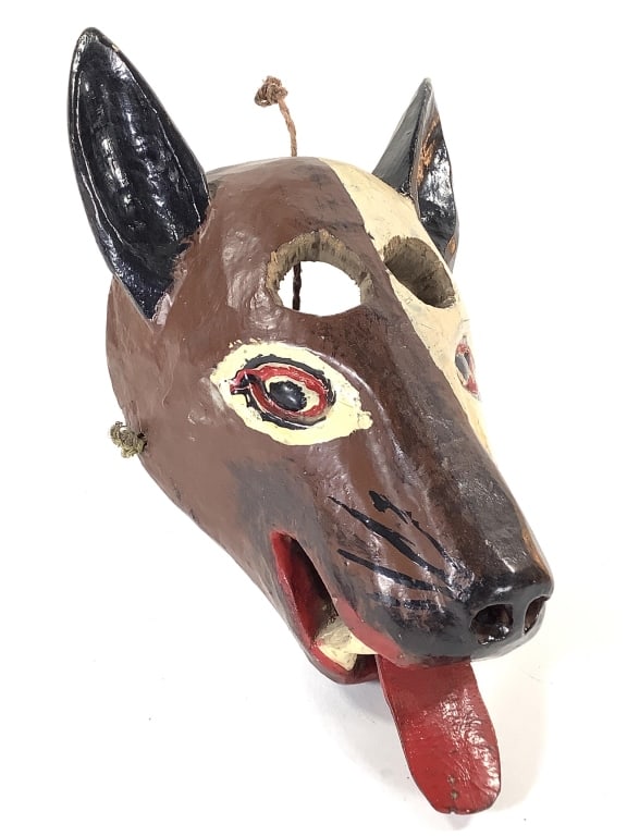 Vtg Mexican Folk Art Dog Mask: 11 1/2"L carved and painted wood mask with painted leather tongue. Provenance: Collection of William and Diane Itter.