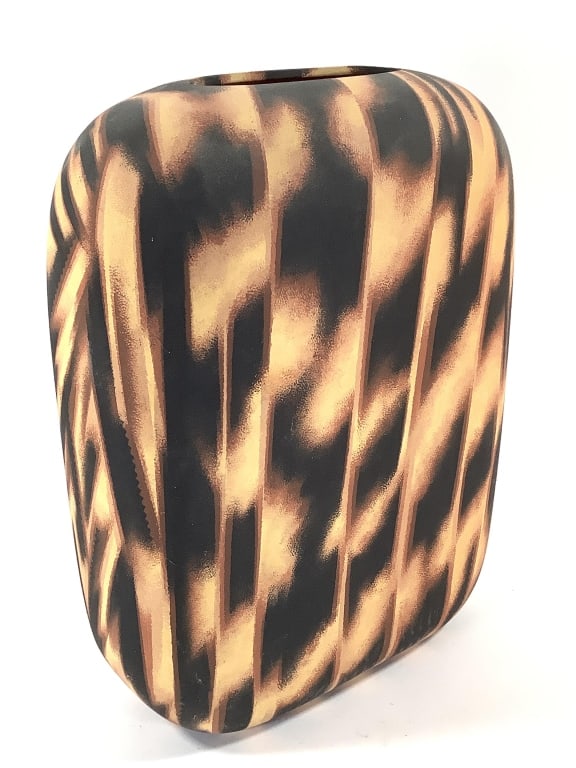 Wm Itter Signed Ceramic Vase 1988 3 of 3: Itter, William (American 1942-2025). 11 1/2"W x 5 1/2"D x 16"H. Dry brush paint glaze decorated. Matte finish exterior with glazed interior. Crayon or charcoal signed and dated 10/1988 on unglazed