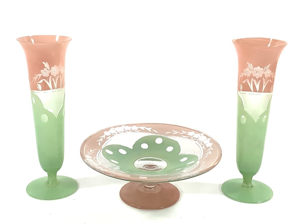 Westmoreland Cut & Cased Pink & Green Glass 3Pcs: Rare, matched 3 piece center bowl and vases in pink and light green. Center bowl 6 1/2"Dia x 2 1/2"H, vases 7 3/8"H. Provenance: Collection of William and Diane Itter.