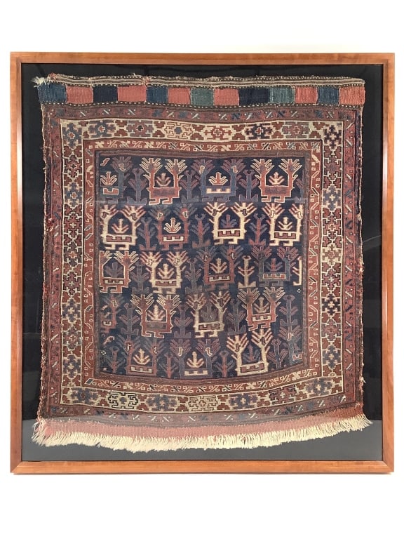 Antique Caucasian Flatweave Rug w Geometric Motifs: Flatweave rug with bottom fringe and repeating geometric motifs. Handsomely framed. 26" x 22 1/2" (Sight). 29 1/4" x 26 3/4" (Frame). Float mounted in a wood frame with strainer. Not examined out of f