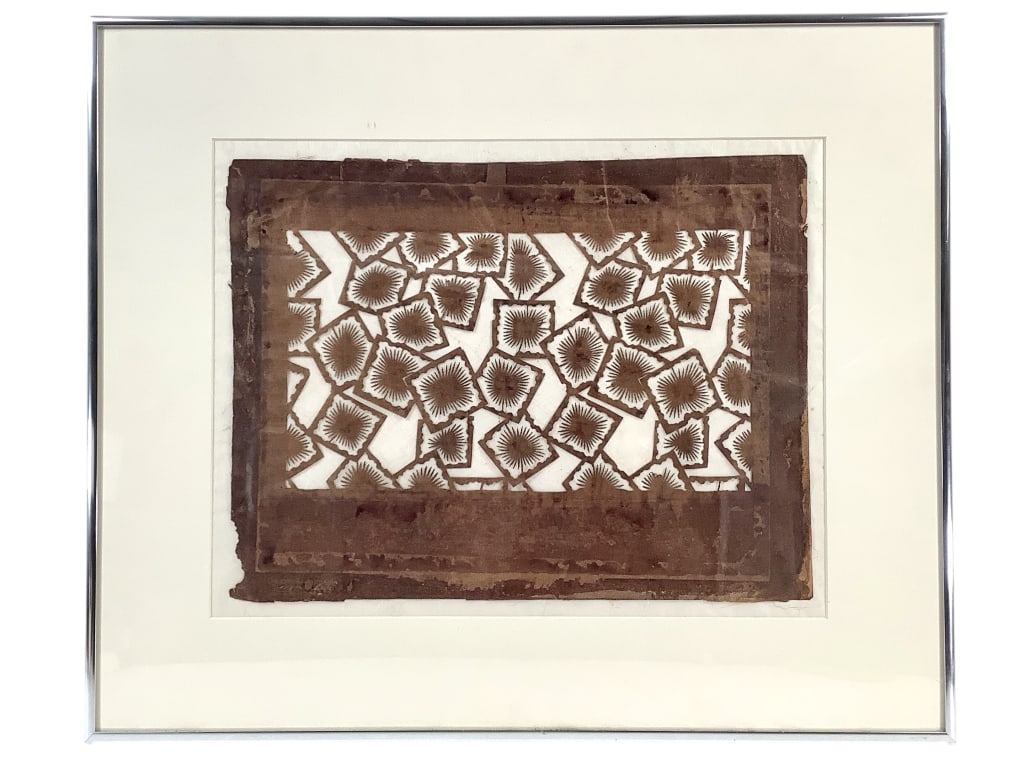 Katagami Japanese Stylized Geometric Stencil: Japanese textile stencil, circa early 20th century, with stylized geometric pattern. Thin papers held together with silk threads. 14" x 18" (Sight). 21 3/8" x 25 3/8" (Frame). Float mounted in a mat i