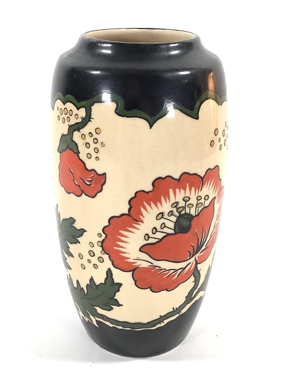 Art Deco Erphila Czech Art Pottery Vase: 7 3/4"H. Black on cream body with green, orange and yellow details, hand painted. Stamp mark on bottom. Provenance: Collection of William and Diane Itter.
