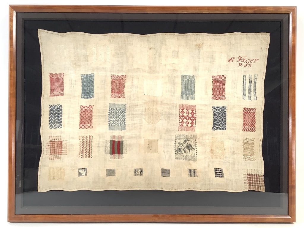 1831 Embroidery Sampler Signed E. J?ger, Framed: Embroidery and drawn thread sampler, Signed E. J?ger 1831, upper right. Thread on woven fabric. Minor fading. Handsomely framed. 13 1/2" x 19 1/4" (Sight). 18 3/8" x 24 3/8" (Frame). Float mounted in
