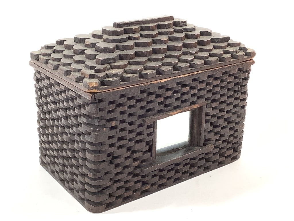 Rare Circle Carved Tramp Art Dresser Box: 7 3/4" x 5" x 6 3/8"H house shaped with hip roof form lid, inset mirror 'windows' on two sides. Constructed from thick slats of cigar box wood, Red Fox stamp mark on base piece. Super patina, dark