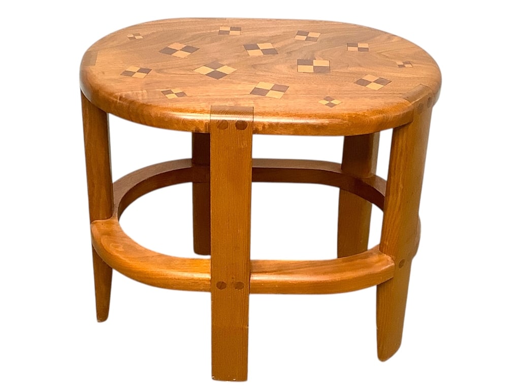 Wm Itter Scatter Table 2 of 2: 16", 16"H. Oval top solid wood, bench-made table with geometric inlay. Mixed woods. Good Condition. Designed and made by William Itter. Provenance: Collection of William and Diane Itter.