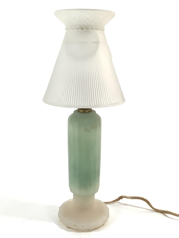 Art Deco Frosted Glass Boudoir Lamp: 16"H overall with clip on glass shade. Interior of base has green painted surface. Provenance: Collection of William and Diane Itter.