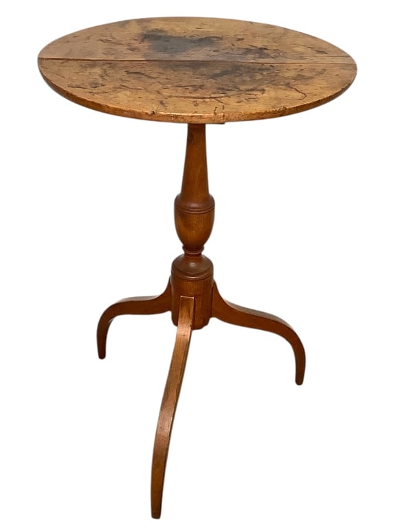 Early New England Tripod Candle Stand | Table: 18"Dia. x 30"H. Top has a split and water marks. Provenance: Collection of William and Diane Itter.