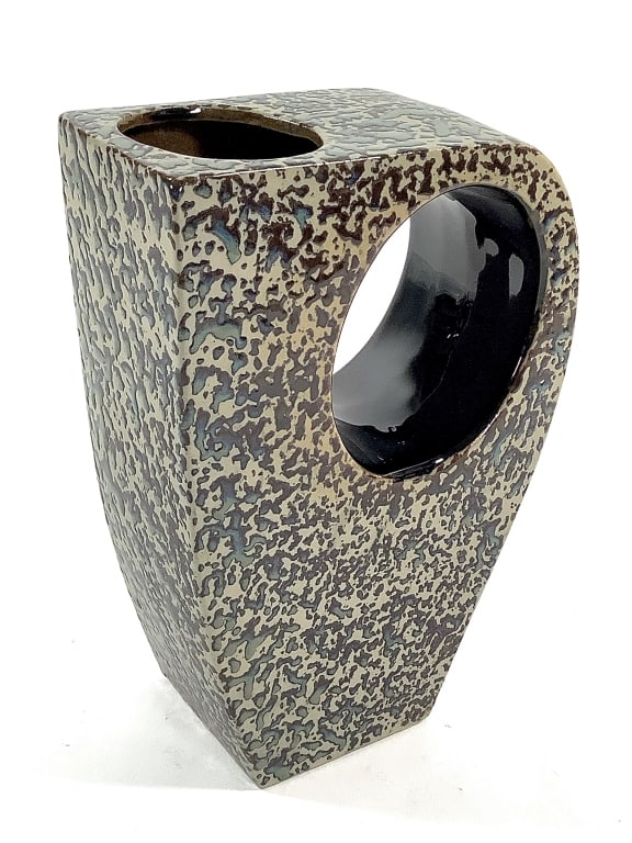 Modernist Glazed Pitcher Style Vase: 5 3/4"W x 2 3/4"D x 8 1/4"H. Splatter glaze over unglazed body with black and brown interior glazed surfaces. Mark under glaze. Provenance: Collection of William and Diane Itter.