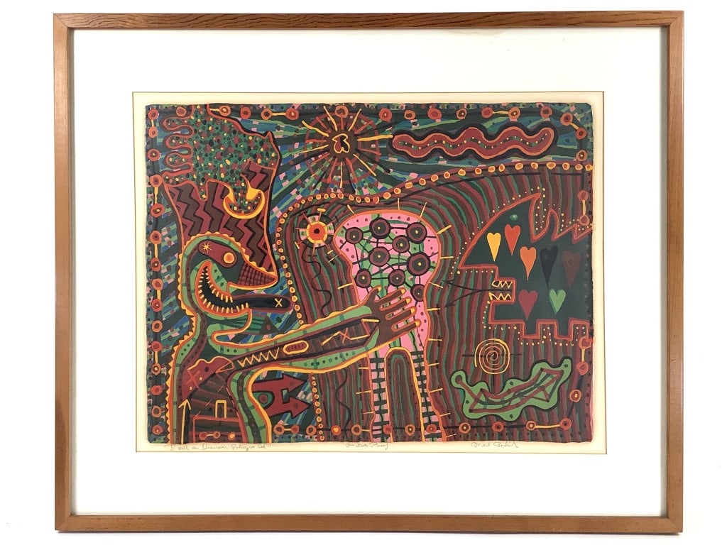 Mark Bulwinkle Enamel Print Sell Insurance Policy: Bulwinkle, Mark (American b. 1946). "I Sell An Insurance Policy To God". Artist proof, title and signature in pencil lower margin. 27 1/4" x 33" including frame. Variation on print known as "I Wave Go