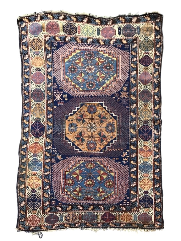 62" x 43" Woven Tribal Rug: 3 medallions, losses to face, tears. Provenance: Collection of William and Diane Itter.