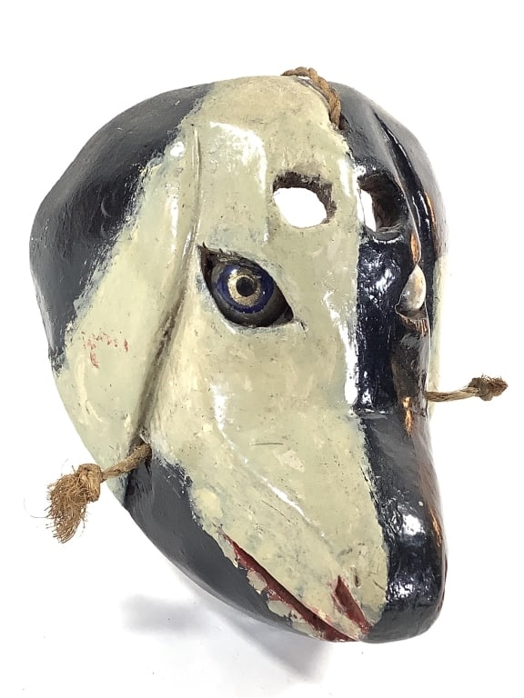 Carved & Painted Wood Mexican Perro Dog Dance Mask: 6"H, 5 1/2"W. Inset eyes. Provenance: Collection of William and Diane Itter.