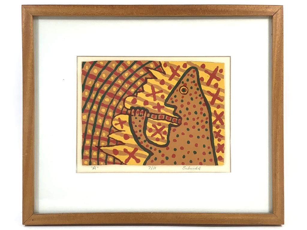 Mark Bulwinkle Enamel Silkscreen W Coast Funk: Bulwinkle, Mark (American b. 1946). A. 7/10, ND. Enamel silkscreen. Titled, numbered, and signed in pencil below image. 9" x 11 3/4" (Sight). 16 1/2" x 19 3/4" (Frame). Matted in a wood frame. Not exa