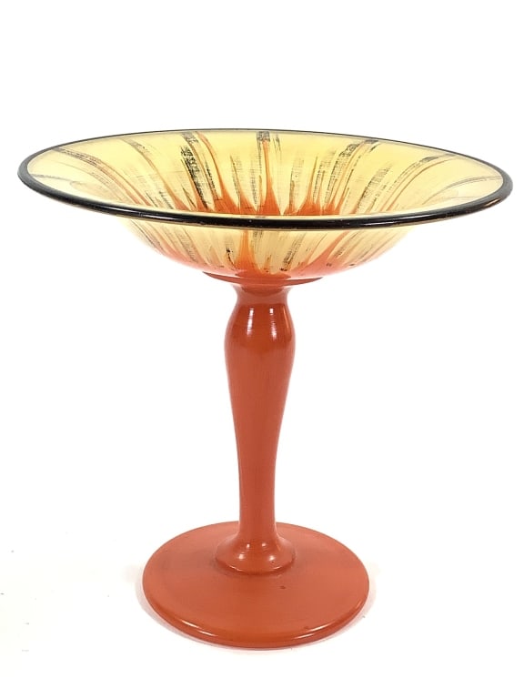 Central Glass Works France Console Bowl: 7"H, 7"Dia. Painted glass stem, back painted bowl. Provenance: Collection of William and Diane Itter.