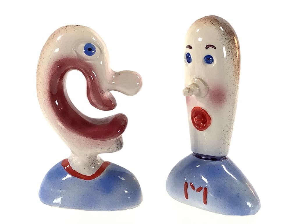 Mark Bulwinkle Character Salt & Pepper Set: Bulwinkle, Mark (American b. 1946). 4 1/4"H. Ceramic, painted and glazed. 'M' mark. Provenance: Collection of William and Diane Itter. Mark Bulwinkle attended the University of Pittsburgh with fellow