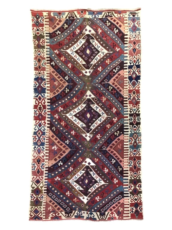 125" x 69" Fragile Turkish Woven Kilim: Details Coming. Provenance: Collection of William and Diane Itter.