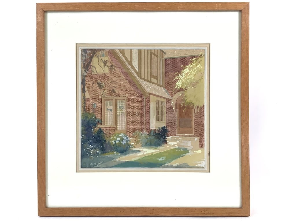 Leupold Watercolor Brick House Early 20th C Framed: Leupold. Untitled watercolor and gouache on paper of a brick house and landscaping. Signed LEUPOLD lower left. 12 1/4" x 12 1/2" (Sight). 20 1/4" x 20 1/4" (Frame). Matted in a wood frame. Small