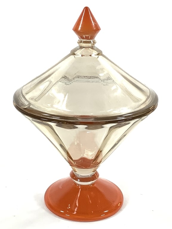 Vtg Candy Dish w Orange Base: 7 1/2"H. Painted orange base and lid knob. No markings. Provenance: Collection of William and Diane Itter.