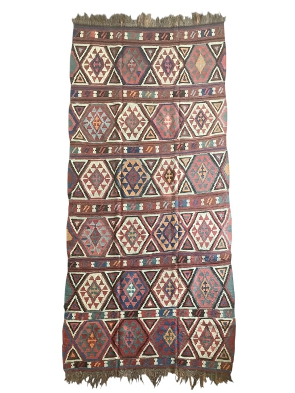 104" x 53" Turkish Woven Kilim Rug: Some fading and minor losses along edge. Details Coming. Provenance: Collection of William and Diane Itter.